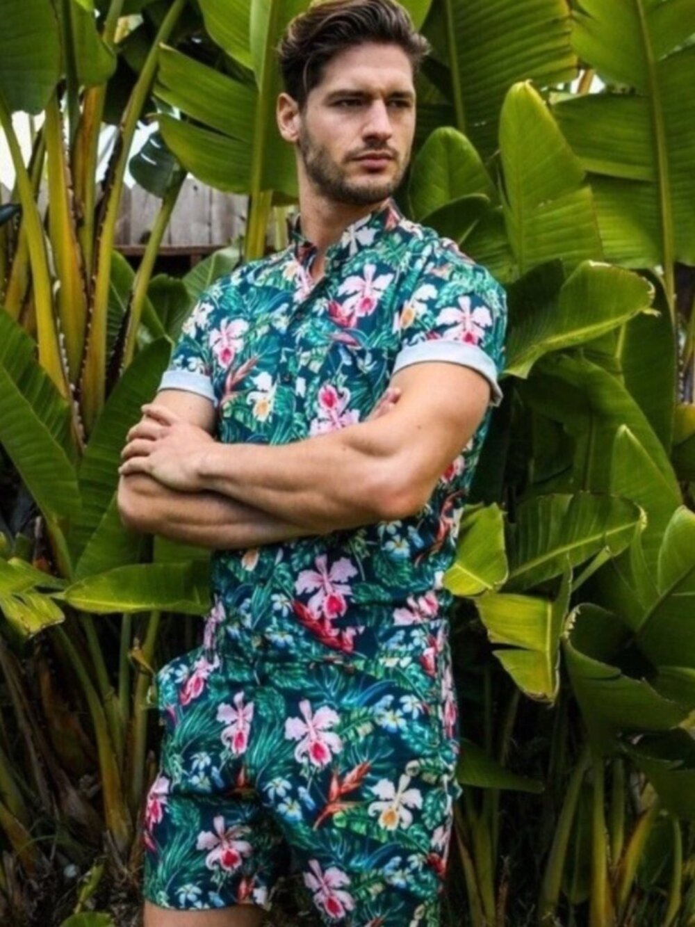 Romperjack Men’s Green Multi Tropical Floral Romper Hawaiian size large